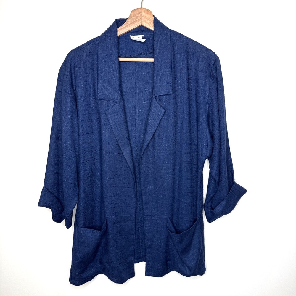 Vintage Lagenlook Flax Blend Open Blazer Jacket Womens 12 Blue Pockets Made USA